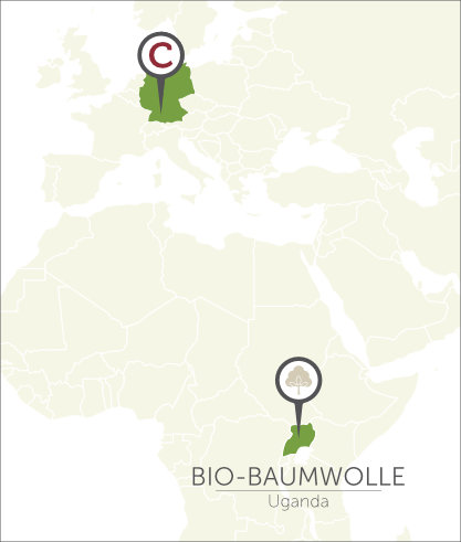 Herkunftsland der Cotonea Bio Baumwolle aus Uganda auf der Weltkarte